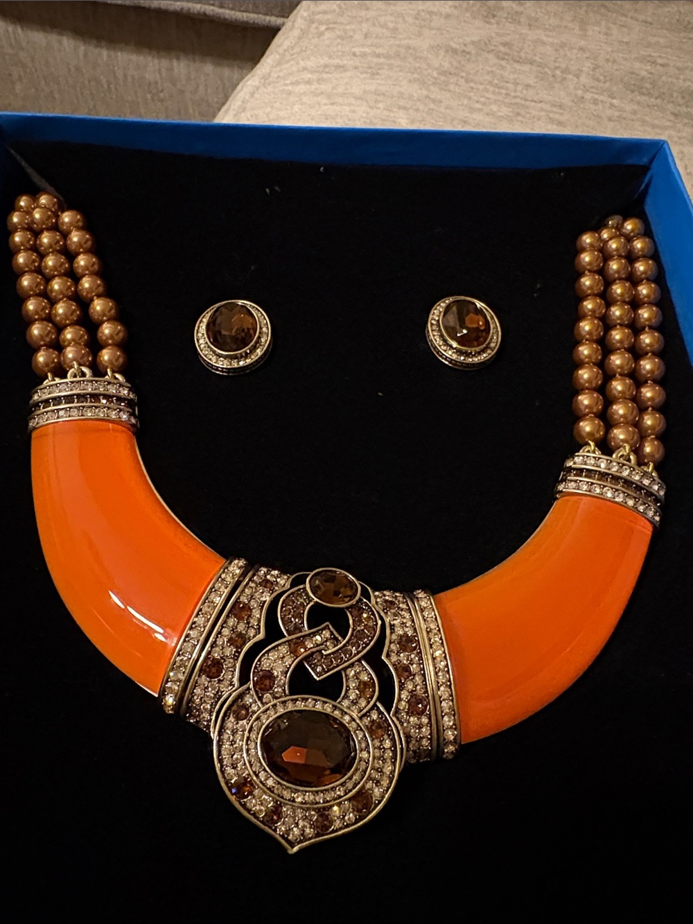 Heidi Daus Vibrant Orange and Gold Statement Necklace with Matching Earrings